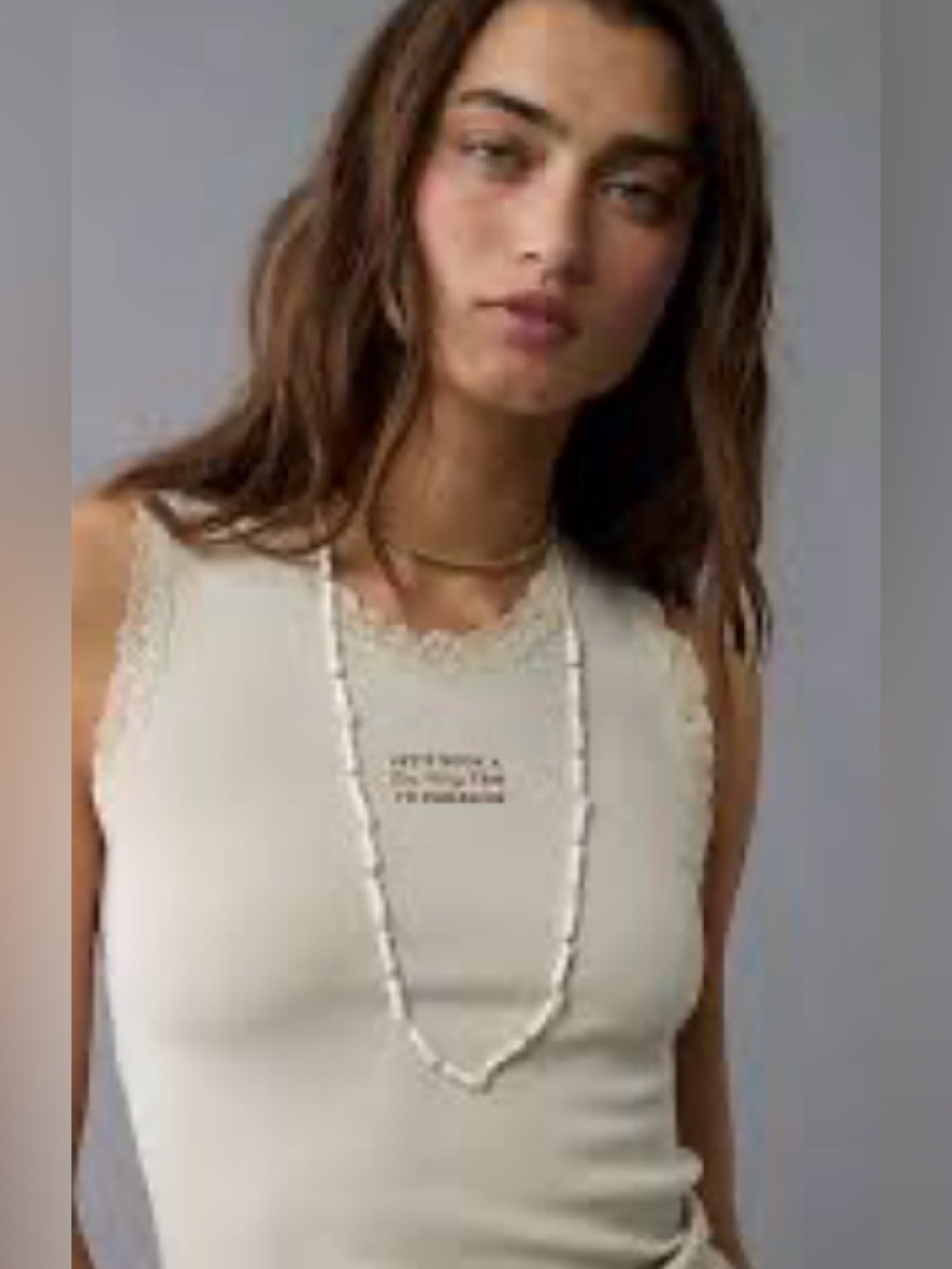 American Eagle Cream Lace-Trim Ribbed Tank with Chest Text M